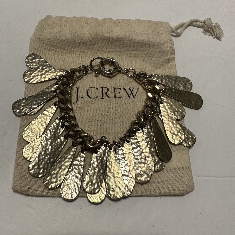 J. Crew Chunky Rolo Link Gold Tone Bracelet Hammered Coin Charm Dust Bag